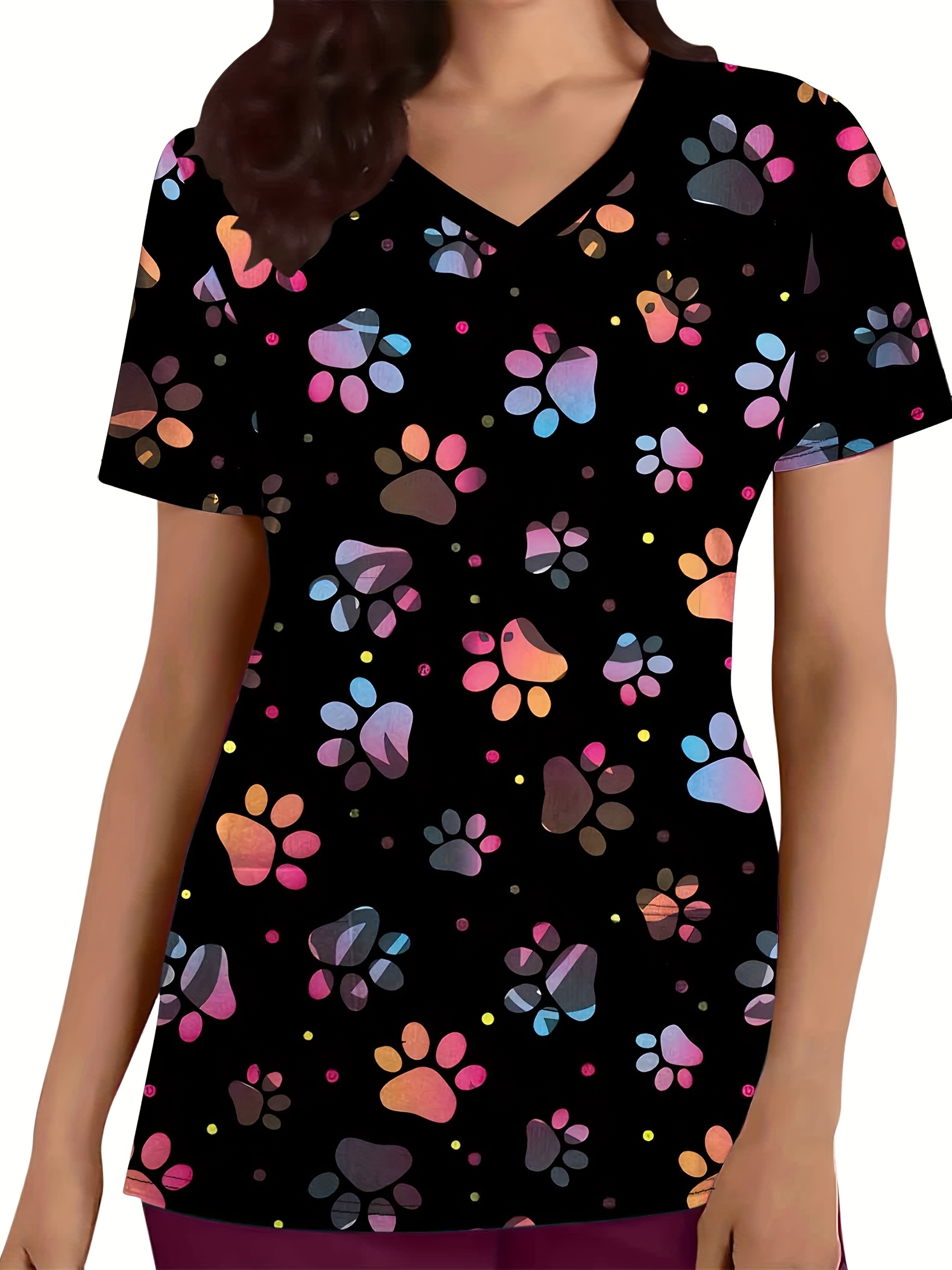 V-Neck Colorful Paw Print Nurse Uniform Top with Pockets Short Sleeve  Polyester Scrub Shirt for, Dental, and Scrubs Sc