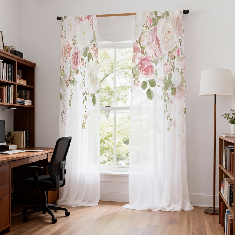 TEMU 2pcs Curtains, Pink And White Rose Draped Print Sheer Curtains, French Style, Semi-sheer Curtains, Bedroom Style