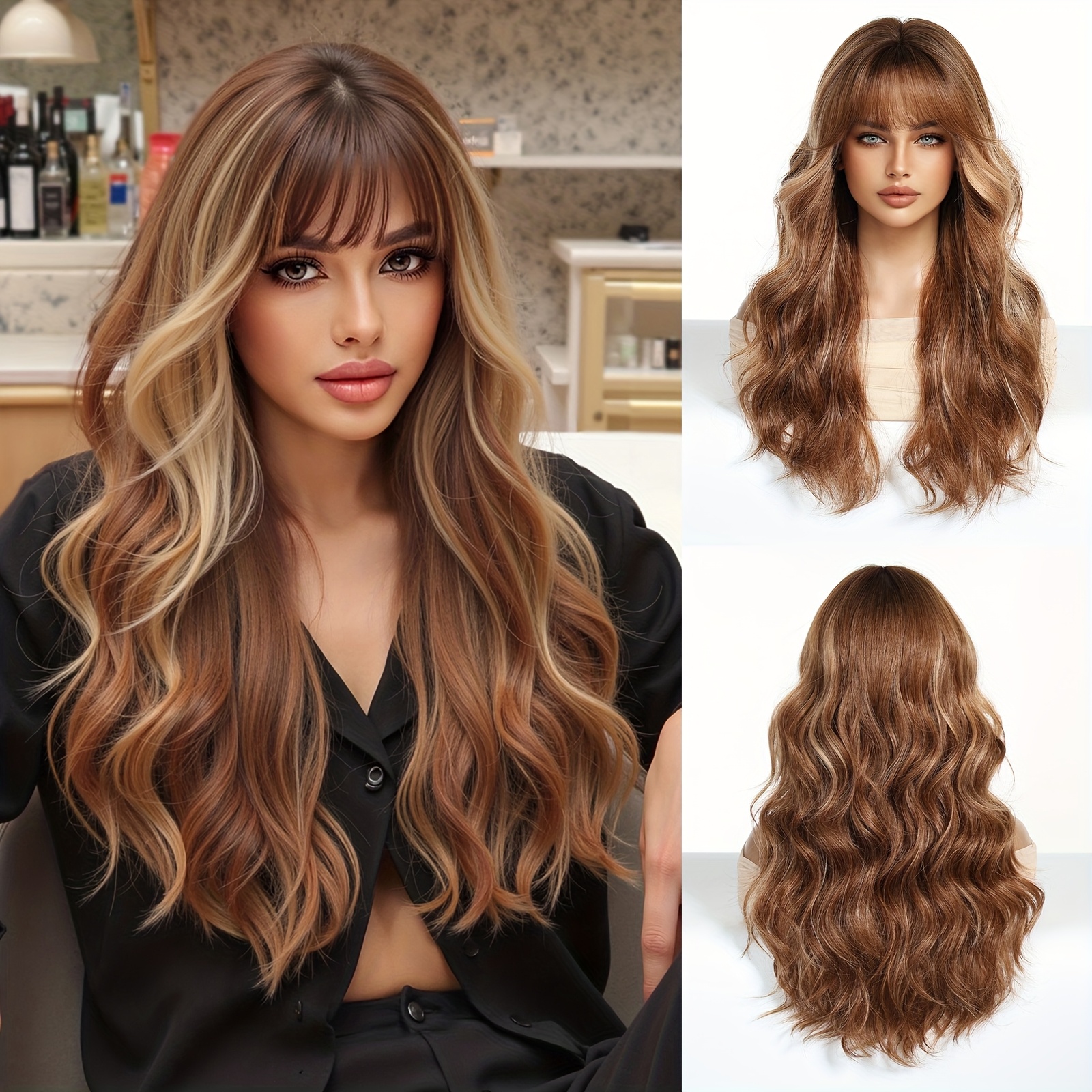 TEMU 24-inch Women's Stylish Gradient Brown Wig Featuring Curly Hair With Straight Bangs, Made From -resistant Synthetic Fiber, Ideal For Different Events