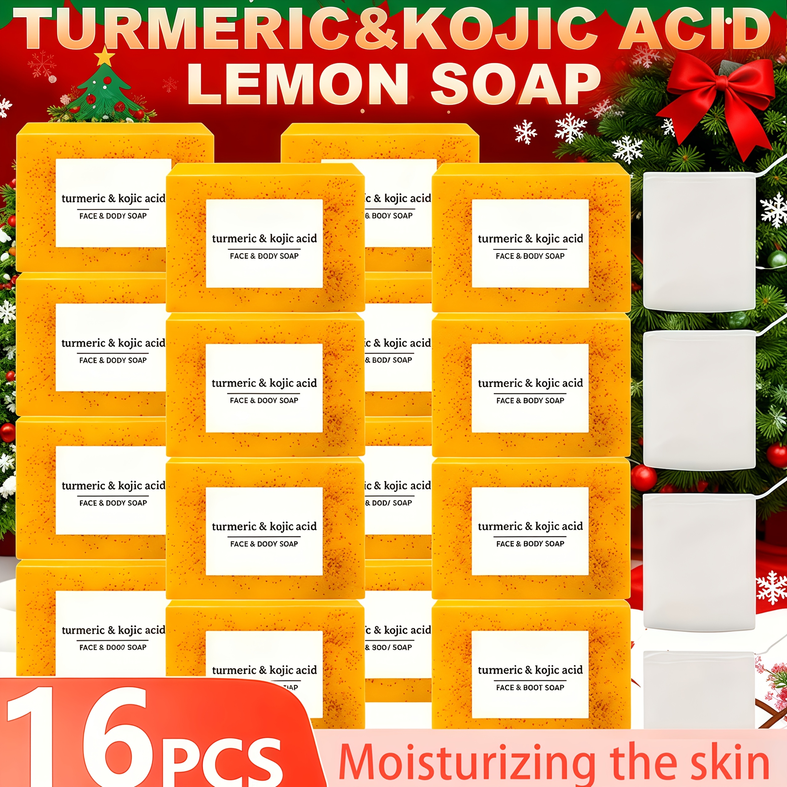 TEMU 16*100gturmeric Kojic Acid Soaps With 4 Bubble Nets - Ginger, Lemon & Kojic Acid For Skin, Handmade, Hydrating & Moisturizing, Gentle & Non-irritating, Ideal Gift, Travel-ready, Unisex