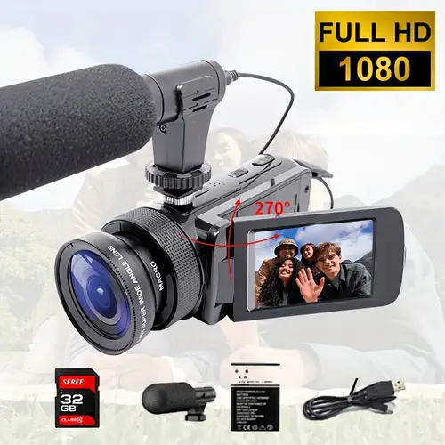 portable camera body camera 32gb memory card 16 megapixel high definition microphone camera for vlogging 16 zoom screen flip 270 degrees recording life suitable for outdoor camping travel and daily photography video camera