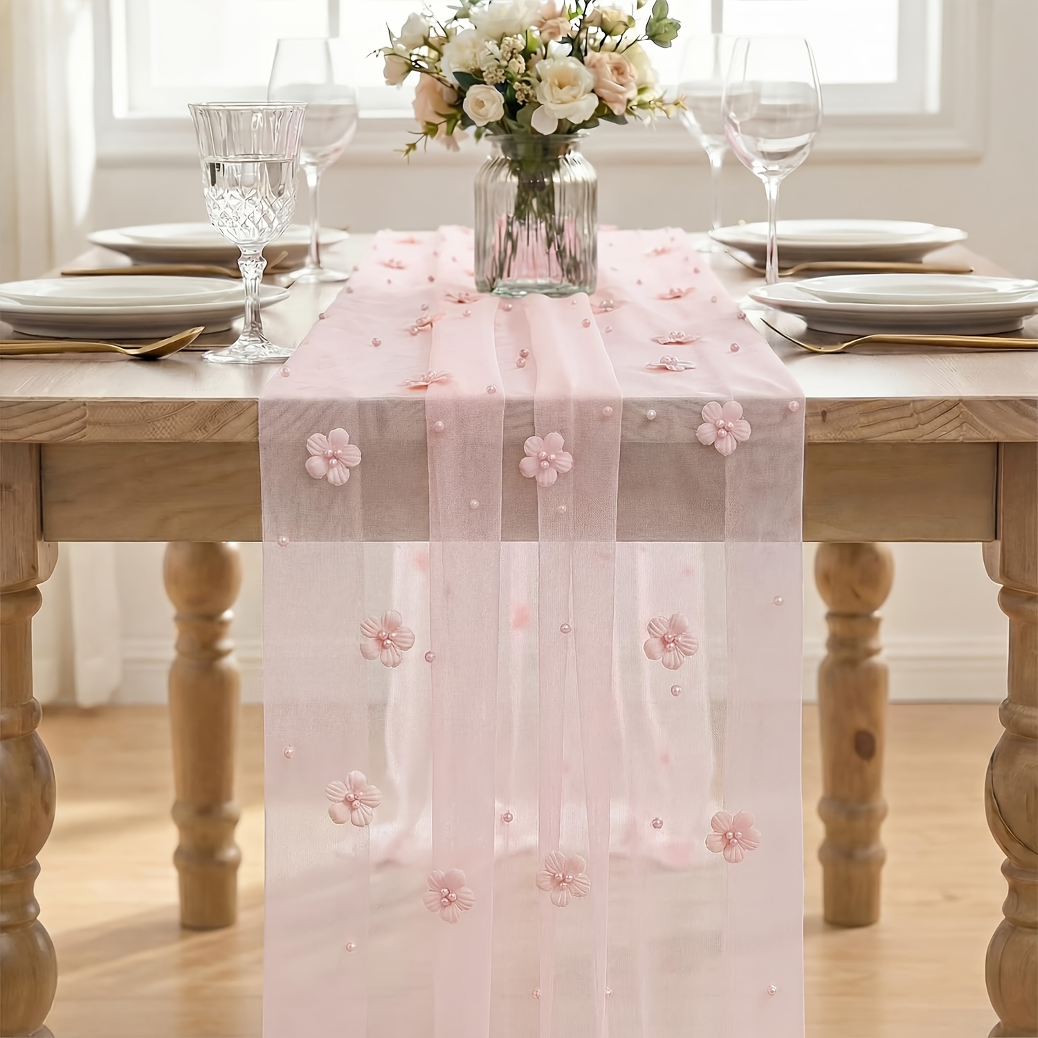 Image of 10ft Pink Pink Sheer Table Runner, Ideal For Seasonal Dining, Weddings, Birthdays, And Bridal Showers, Perfect For Home Party Decoration