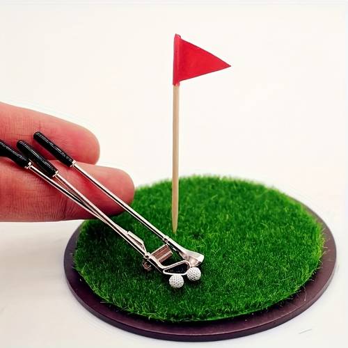 a mini golf set consisting of 7pcs including golf clubs turf a small house miniature scene props a realistic grass model and collectible sports themed decorations