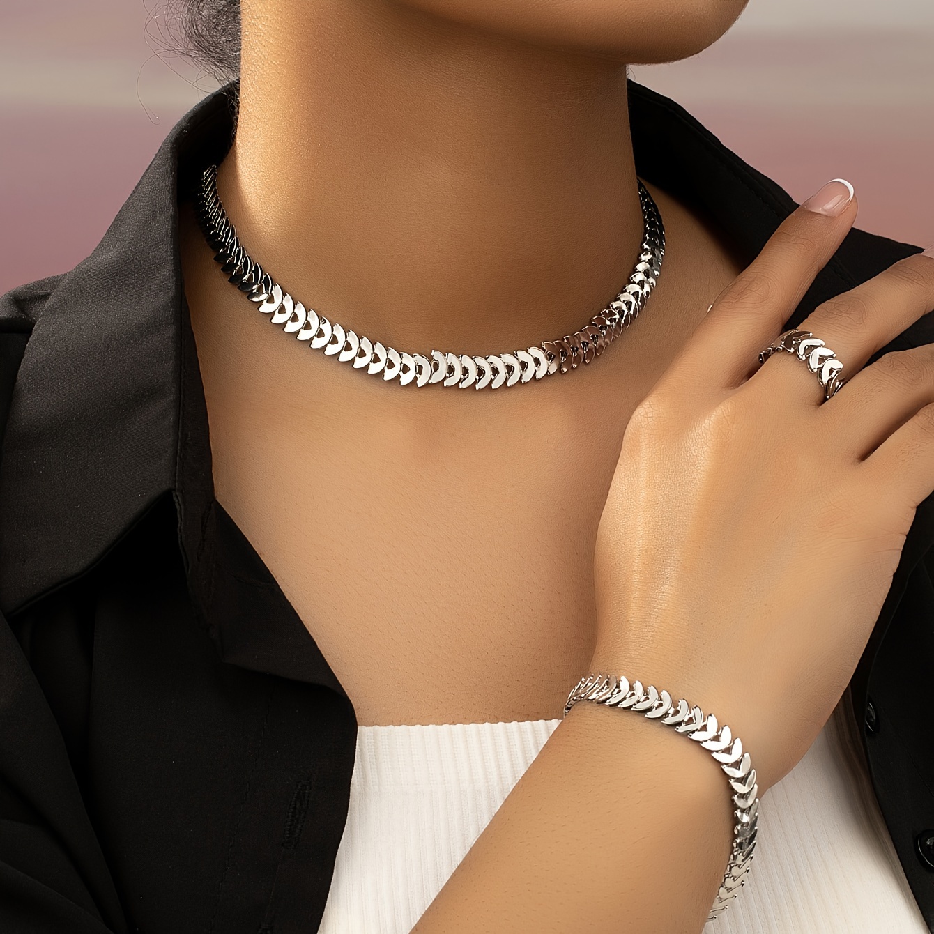 

Elegant V-shaped Jewelry Set For Women - Chic Necklace, Bracelet & Ring Combo | Casual Attire