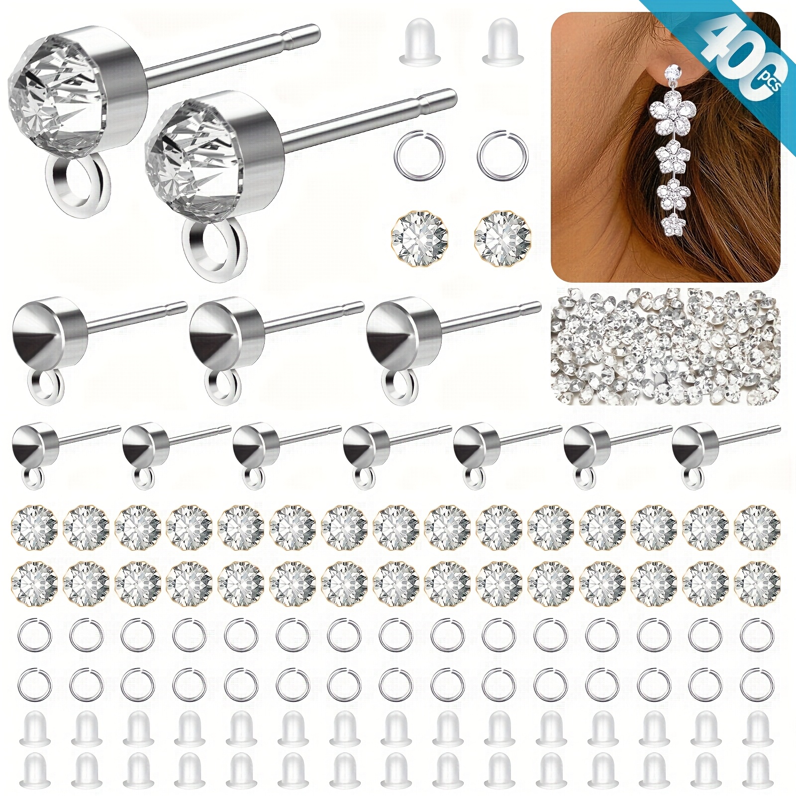 E-shop 400-teiliges hypoallergenes Ohrring-Bastelset, inkl. 100 Edelstahl-Ohrstecker, 100 Glas-Strasssteine, 100 Sprungringe 100 klare Rückstopper