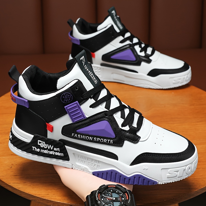 Comfy Men's High Top Skateboard Shoes - Trendy Color Block Non Slip Lace Up Sneakers for Outdoor Activities