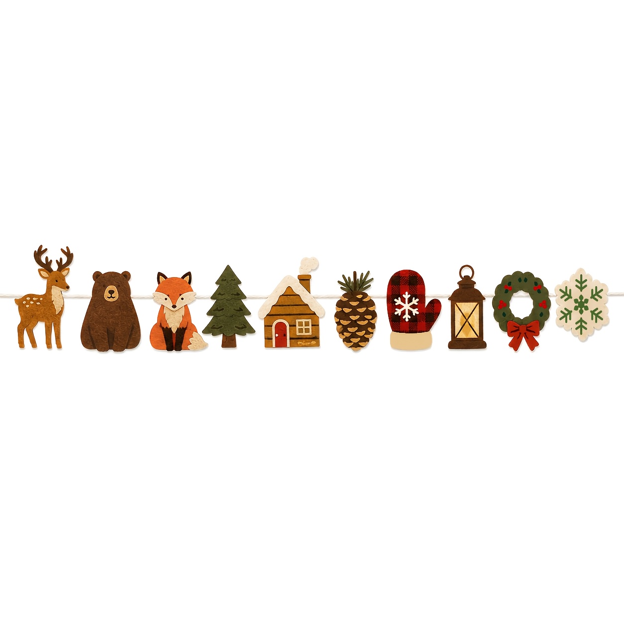 TEMU 10-delige Kerst Vilt Banner Set, Inclusief Hert, Beer, Vos, Dennenboom, Cottage, Pijnboomkegel, Handschoenen, Lantaarn, , En Sneeuwvlokken
