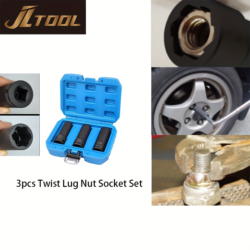 E-shop 3-teiliger 1/2 Zoll Antrieb Schraubenschlüssel-Set für beschädigte Radmuttern – Cr-Mo Aufzugsschlüssel zum Entfernen von Radnieten, 17mm, 19mm,