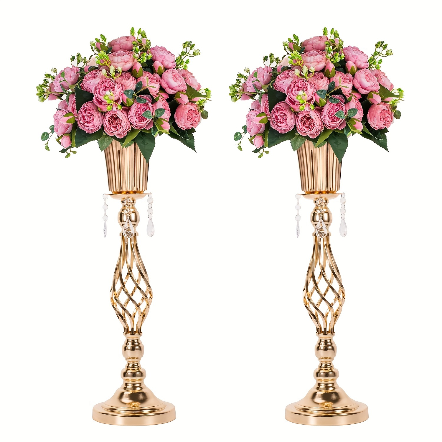 

2pcs/10pcs Gold Metal Vases For Centerpieces, With Crystal Chandelier, Wedding Decorations