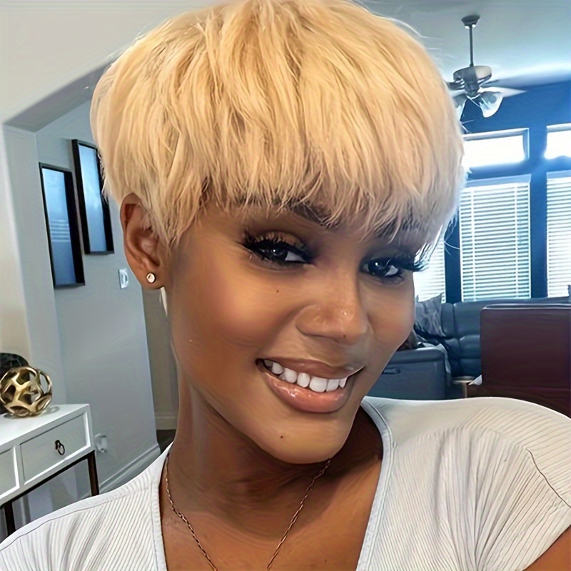 

6inch Short Bob Wig Human Hair Pixie Cut Wigs Human Hair Wig None Lace Front Wig With Bangs #613 Straight Full Machine Made Wig For Women