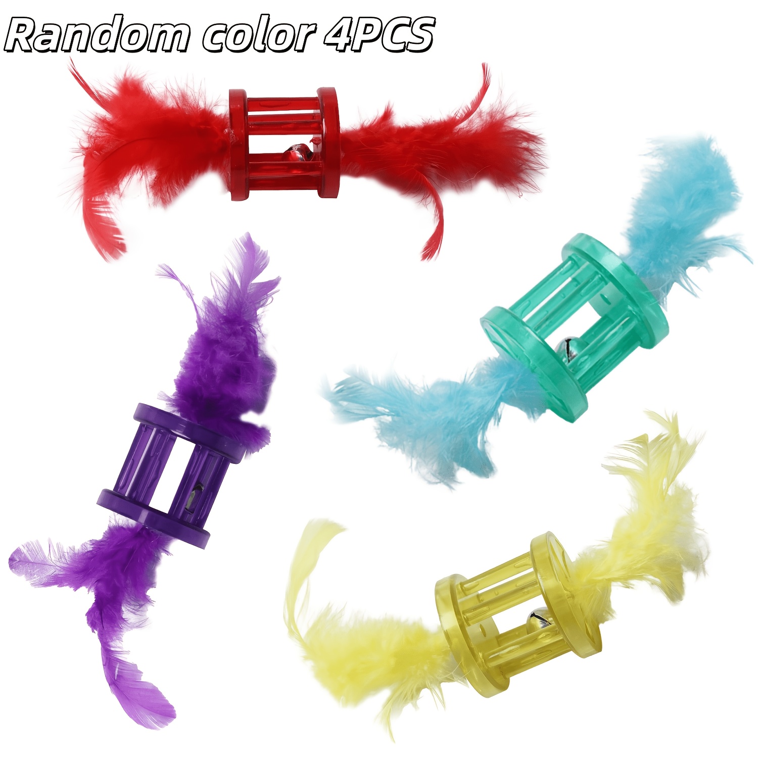 TEMU 4pcs Balles de Jouet pour Chat Couleurs Aléatoires, Cloches Roulantes Amusantes en Plumes Artificielles, Jouets d'Auto- pour Chat, Fournitures