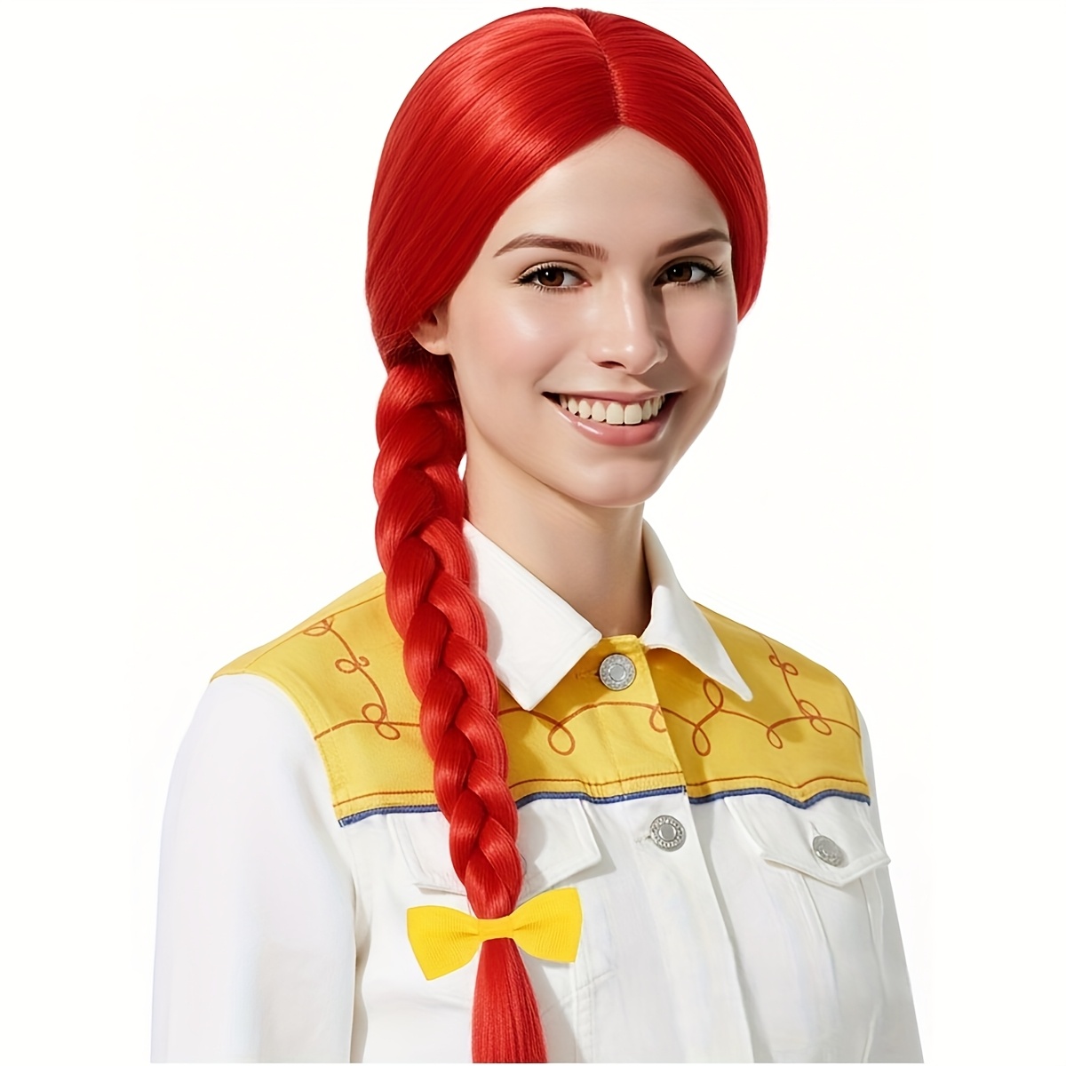TEMU Perruque Longue Tresse Rouge avec Motif Tresse Queue de Sirène, Accompagnée d'un Élastique à Cheveux avec Nœud Jaune. Facile à , Convient à