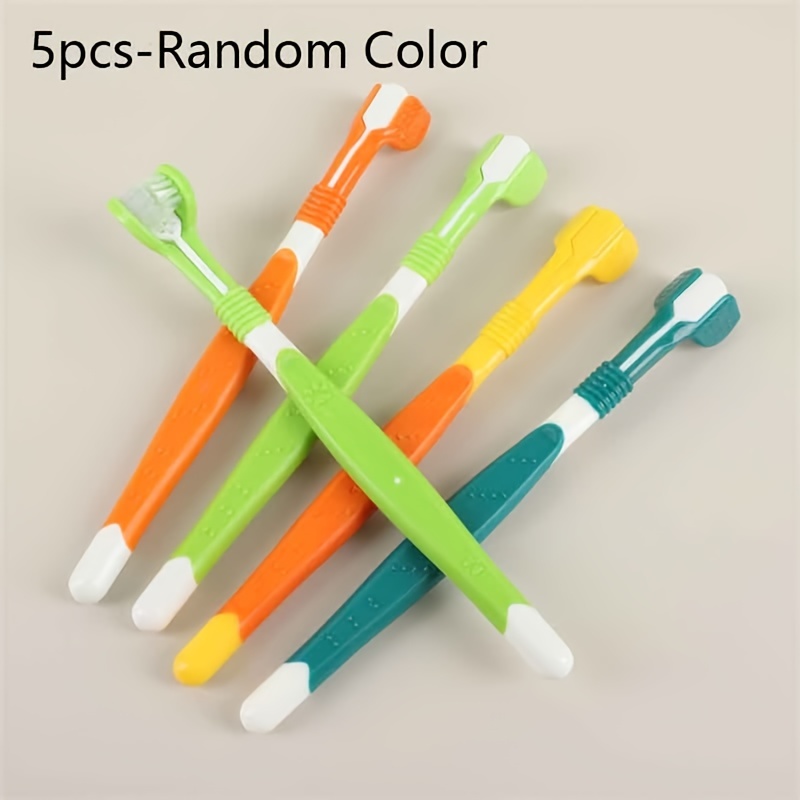 Image of 5pcs Random Colors Pet Toothbrushes, For Oral Cleaning, 3-sided Dog Brushes, Dog Oral Cleaning Toothbrushes, Without Battery
