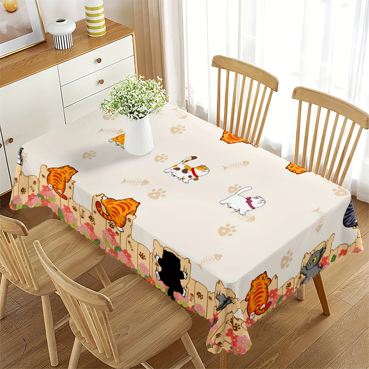 TEMU Nettes Katzenpfoten-Blumen-Tischdecke - Verspieltes Oranges, Graues und Weißes Katzendesign mit Schmetterlingen & Blumen - für Frühlings- &