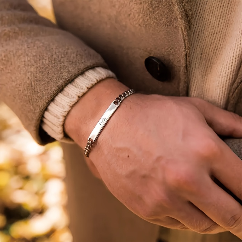 TEMU Bracelet long personnalisé avec plaque de nom gravée - Plaqué or - Bracelet de bijoux personnalisé avec nom - Cadeau d'anniversaire pour papa -