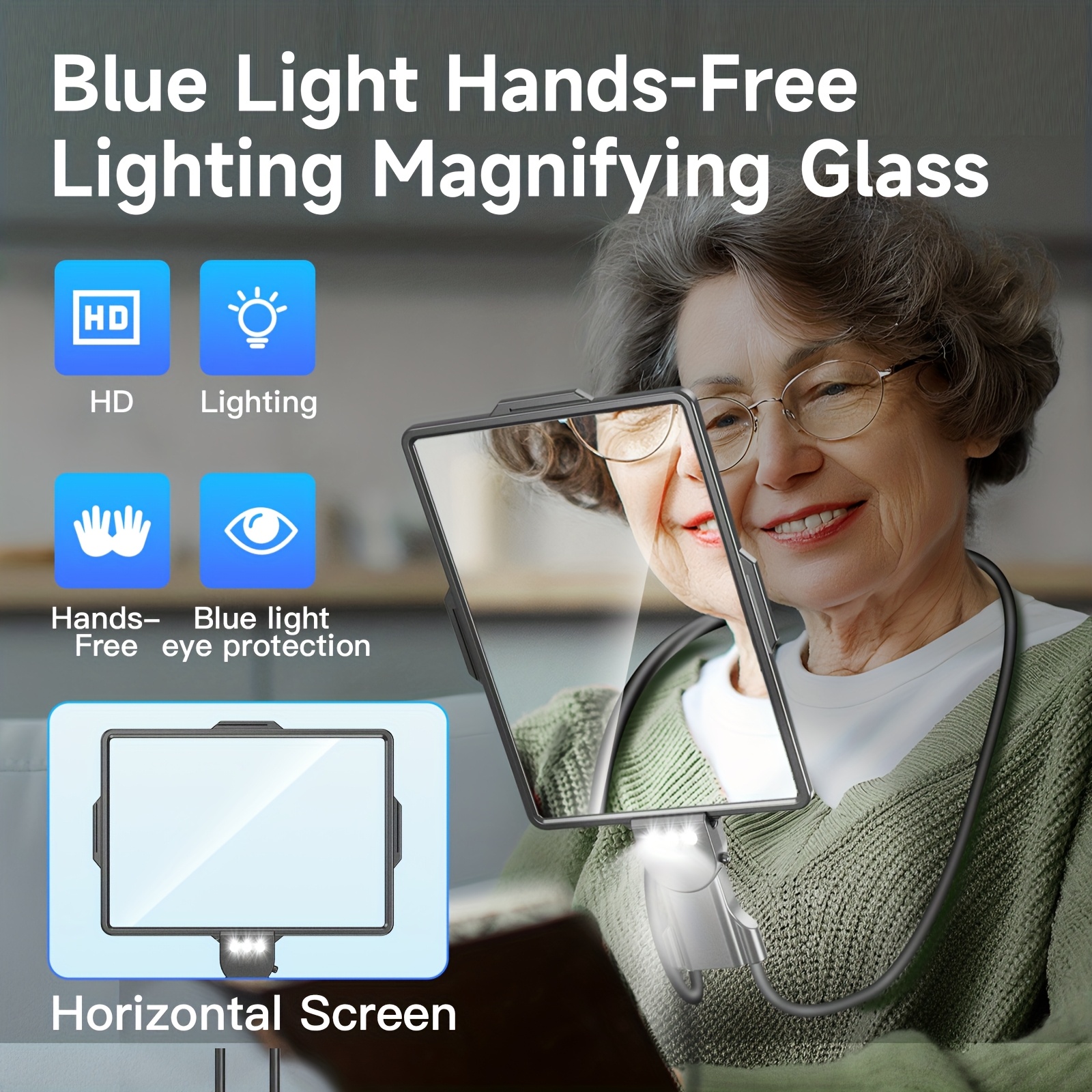 3 in 1 led reading lamp with hd magnifier and flexible gooseneck horizontal vertical viewing mode hands free tabletop neck hanging or handheld use   2 aaa batteries plastic material push button control Product details 0