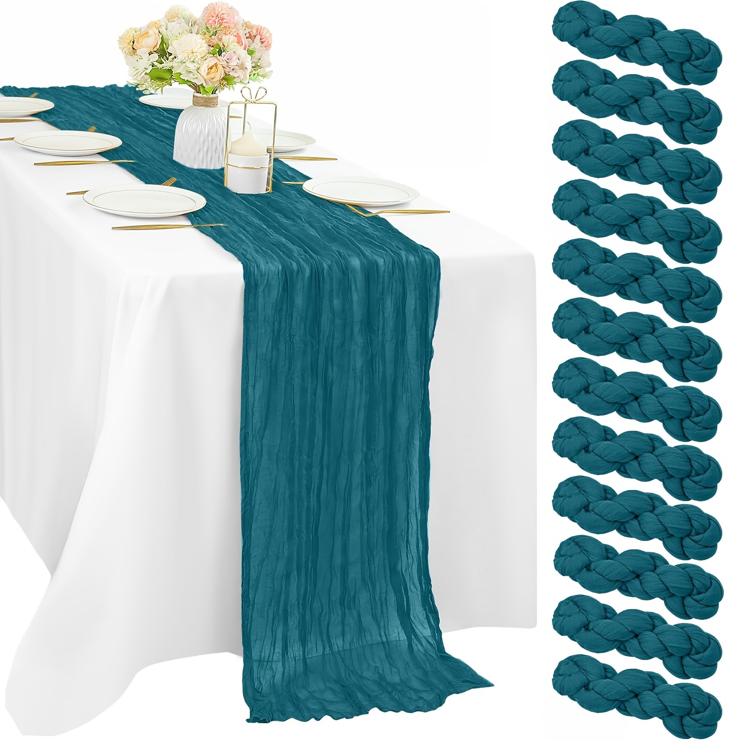 

12-pack Bohemian Cheese Cloth Table Runners, Vintage Style Peacock Blue For Weddings, Bridal Showers, Birthdays, Cake Tables, , Solid Polyester Rectangle Woven