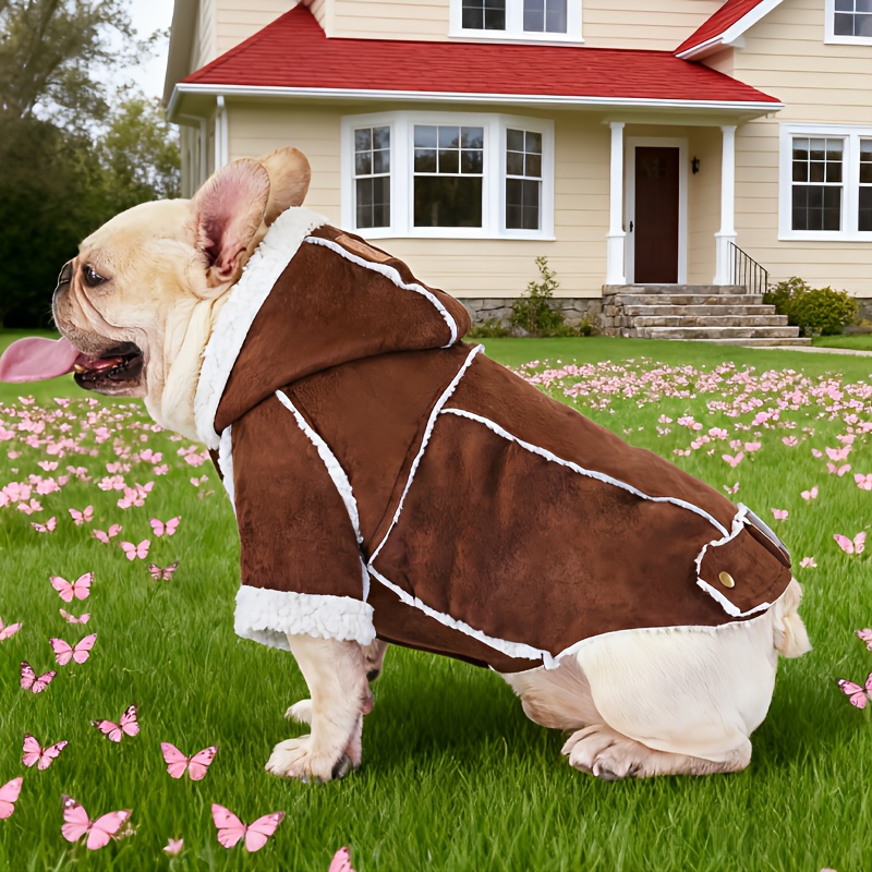 british style real fur like look winter dog jacket with sheep lining adjustable hooded collar button front closure poodle like pomeranian like small medium dogs cats outerwear cozy cold weather warm coat no Product details 3