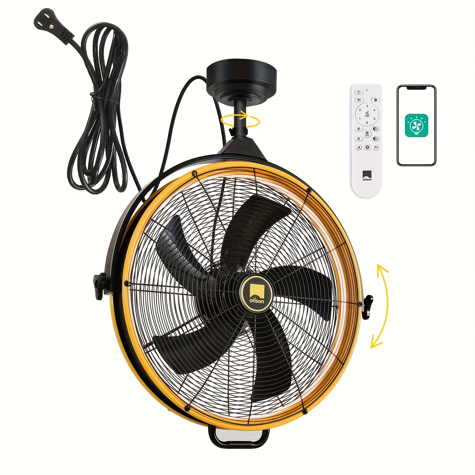24.8'' Indoor Garage Ceiling Fan, 6 Speed Ceiling Mounted Plug-In Cord Garage Fan With Remote&APP, Manual Vertical Rotation, Hook Hanging For Gazebo, Patio, Yellow&Black
