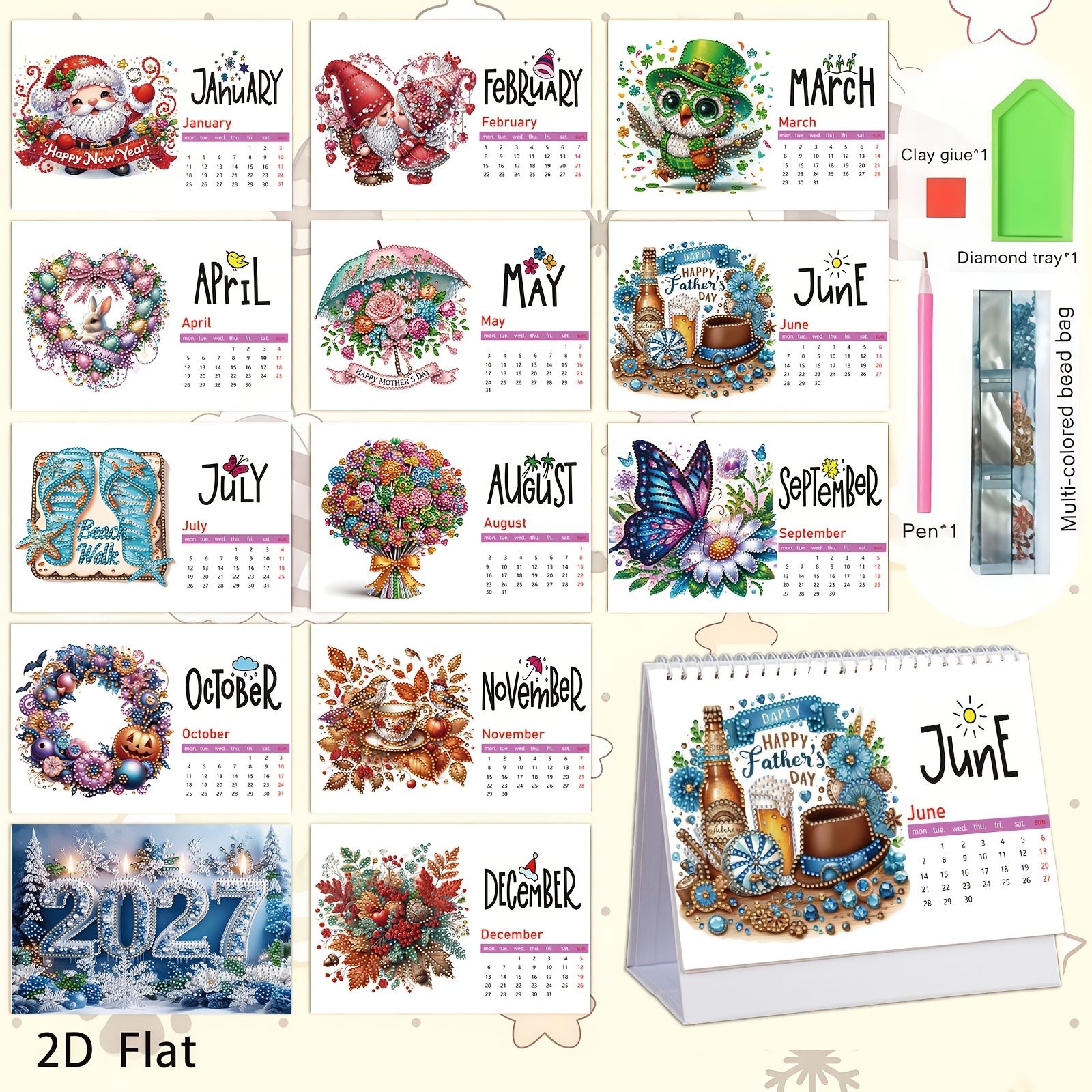 TEMU Kit de matériel pour calendrier de peinture diamant 2027, 12 mois, sur le thème des fêtes, calendrier de peinture 5D avec ensemble d'outils