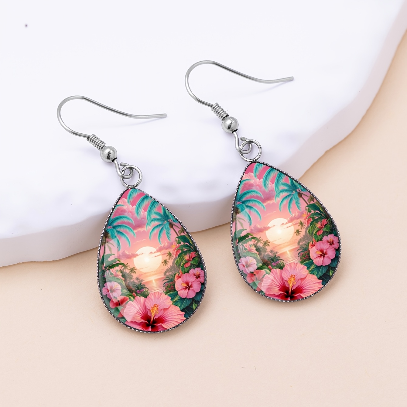 Bohemian Pink Sunset Floral Pattern Earrings, Unisex