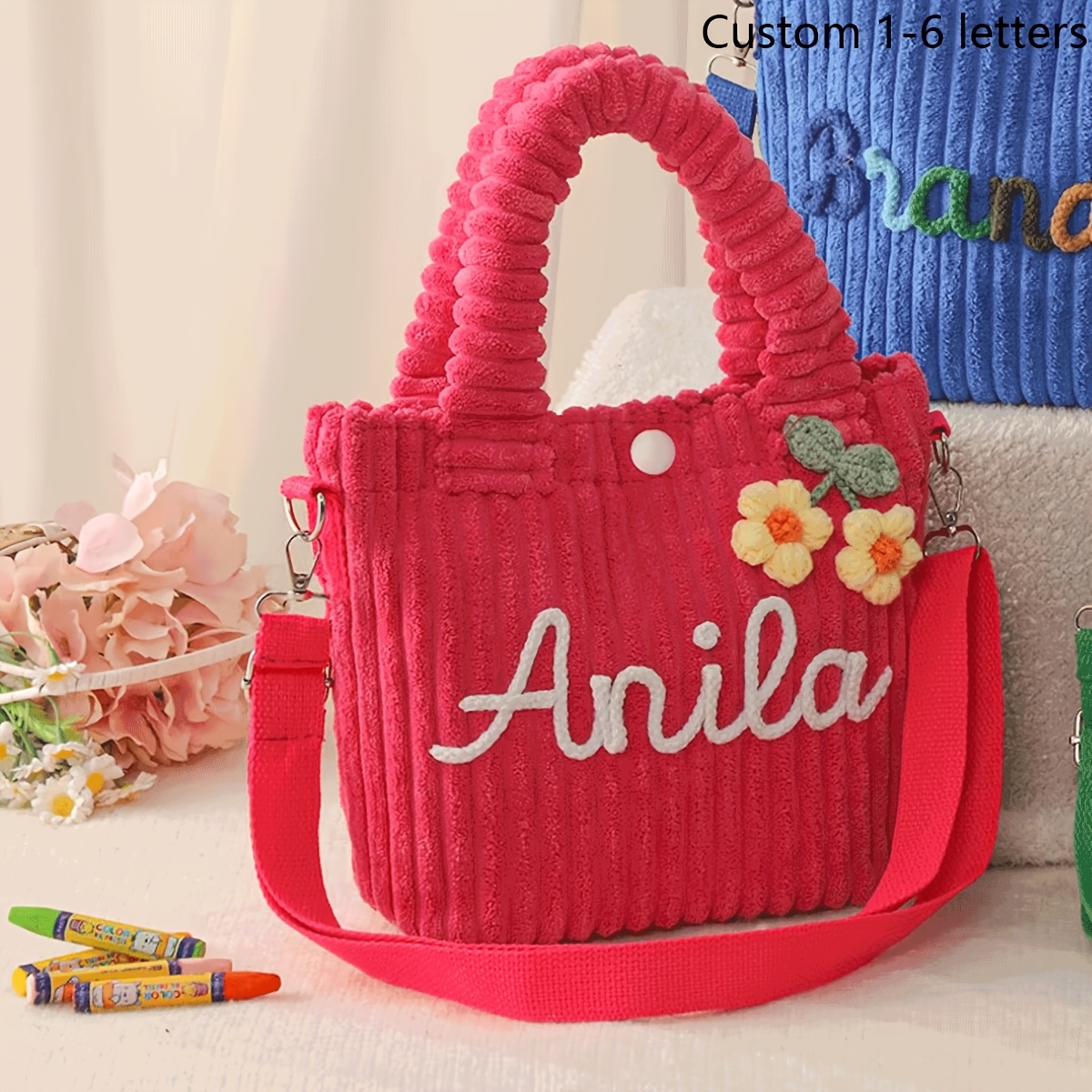 TEMU [customizable] 1pc Personalized Custom Name Corduroy Tote Bag-- Cute & Stylish Crossbody Mini Bag, Versatile Accessory, Party/birthday Gift.