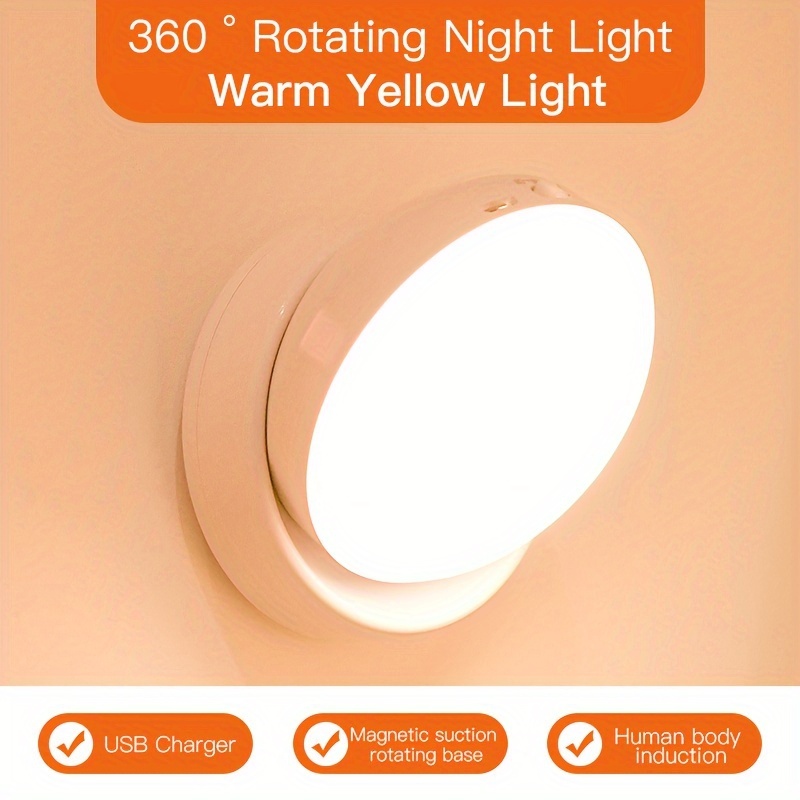 1pc Motion Sensor Night Light, 360° Rotating Led Night Light Cabinet Light Portable Rechargeable Night Lamp Indoor Use In Bedroom Hallway Kitchen Closet Wardrobe Cupboard