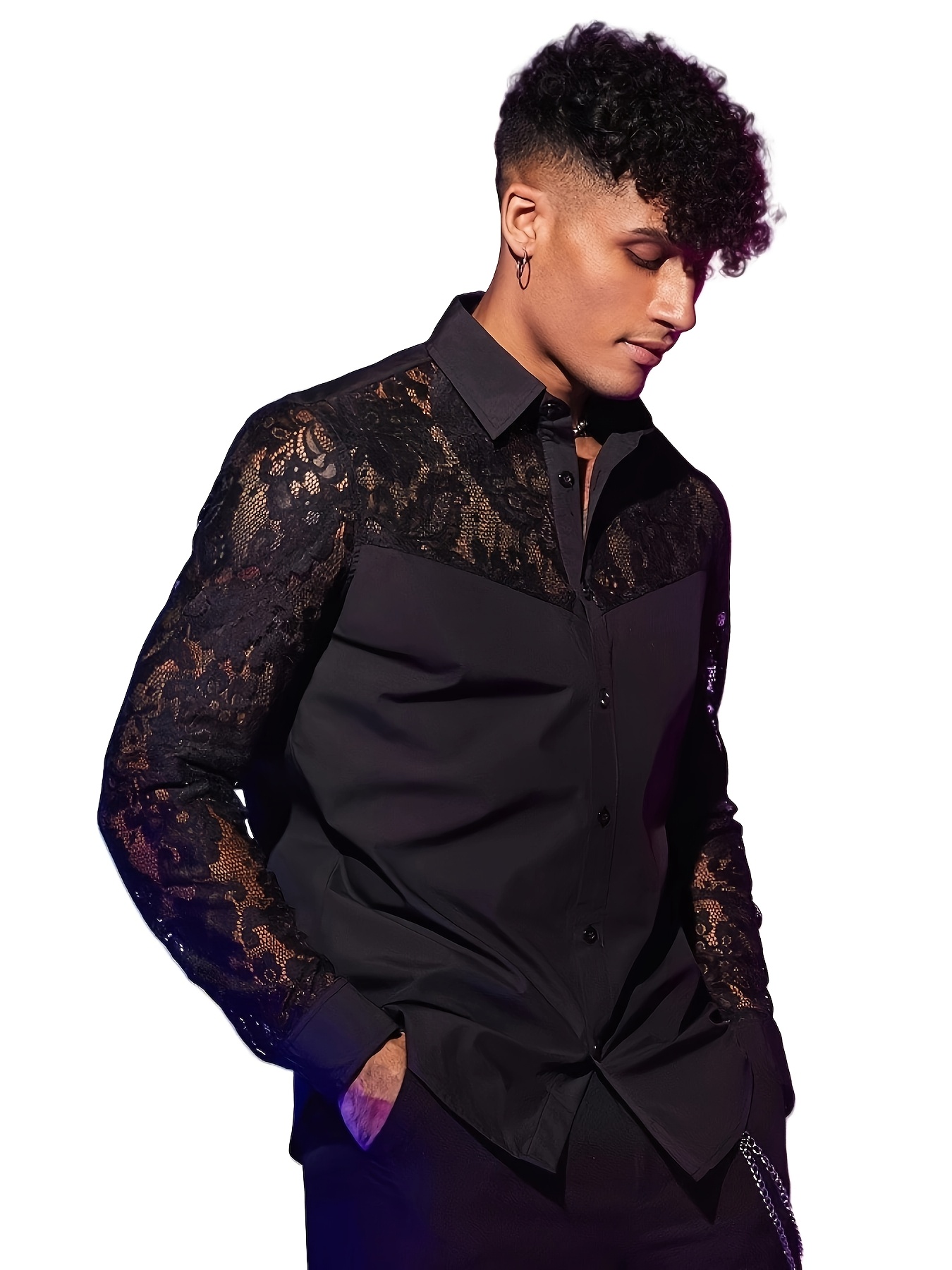 stylish long sleeve shirt lace panels semi sheer fitted men Temu