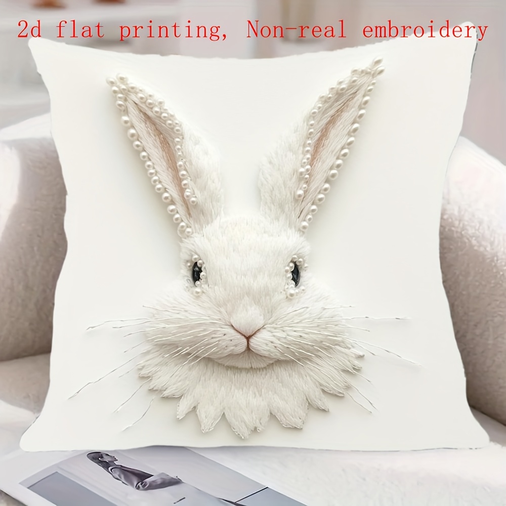 2d Printed Rabbit Pattern Pillowcase With Pearl Decorations No Pillow Insert Cute Animal Sofa Cushion Cover Suitable For Easter Christmas Birthday Gift Decorations Nordic Minimalist , 2d Flat