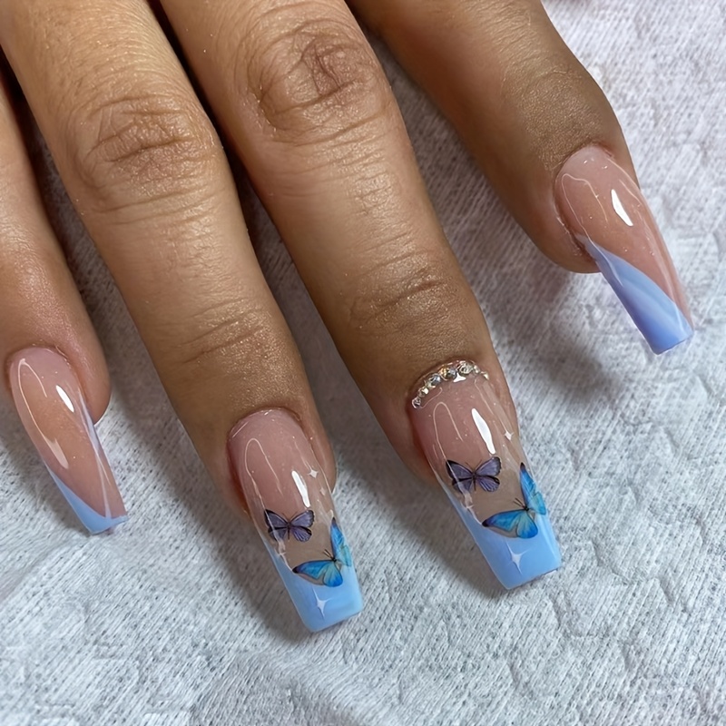 E-shop 24-teiliges Set lange frische blaue französische Schmetterlings-Maniküre glänzende Kunstnägel im süßen Ins-Stil