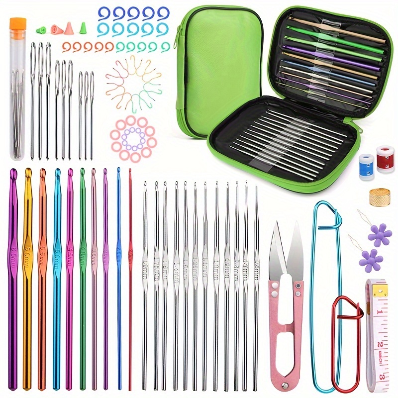 

Complete 96-piece Crochet Kit With Green Storage Bag - All-season Metal Hooks, Stitch Markers & Wide-eyed Needles For Crafters