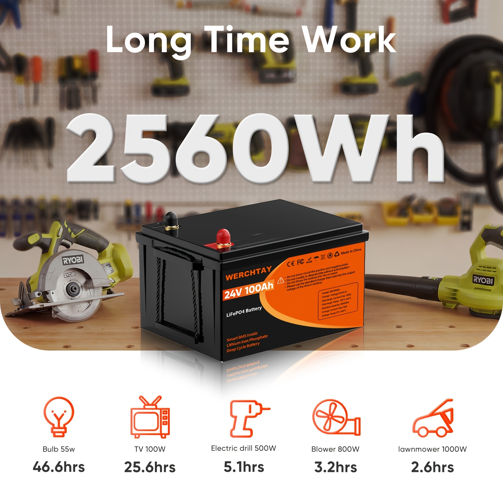 TEMU 1pc 24v 100ah Lifepo4 Lithium Battery Built-in Bms Low Temperature Protection 2560wh Maximum Deep Cycle Times 25000+ Times, Suitable For , Rv,