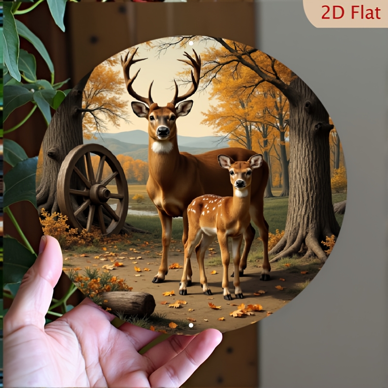 TEMU 2d Flat, 1pc Round Aluminum Wall Art - Autumn Forest Deer Scene With , 8x8 Inch Rustic Durable Metal Decor For Home Office Bar Cafe, No