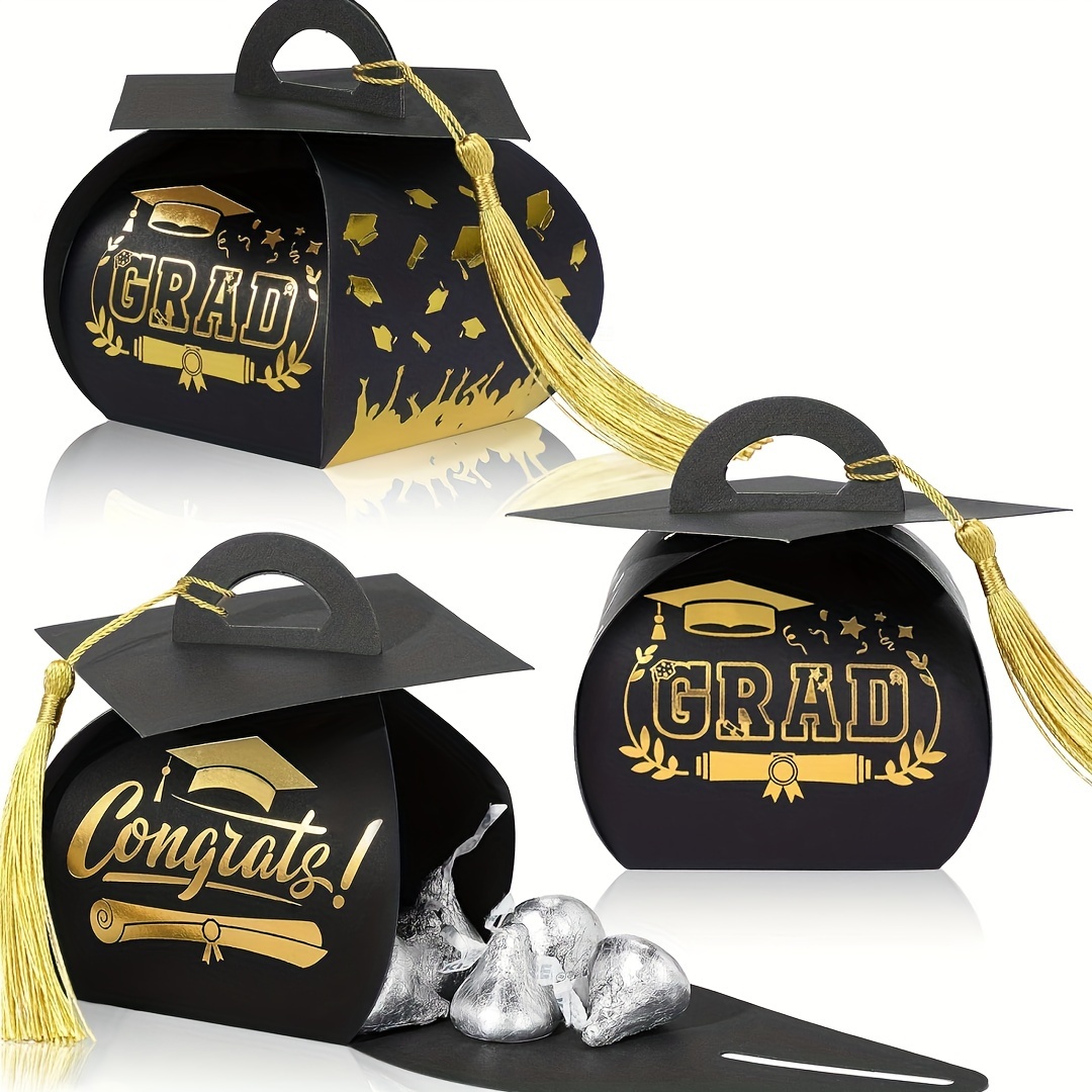 

charming Graduate" 24-piece Graduation Cap Gift Boxes With Gold Tassels - Perfect For Party Favors, Candy, & More - Easy Assembly, Ideal For Grad & Birthday Celebrations