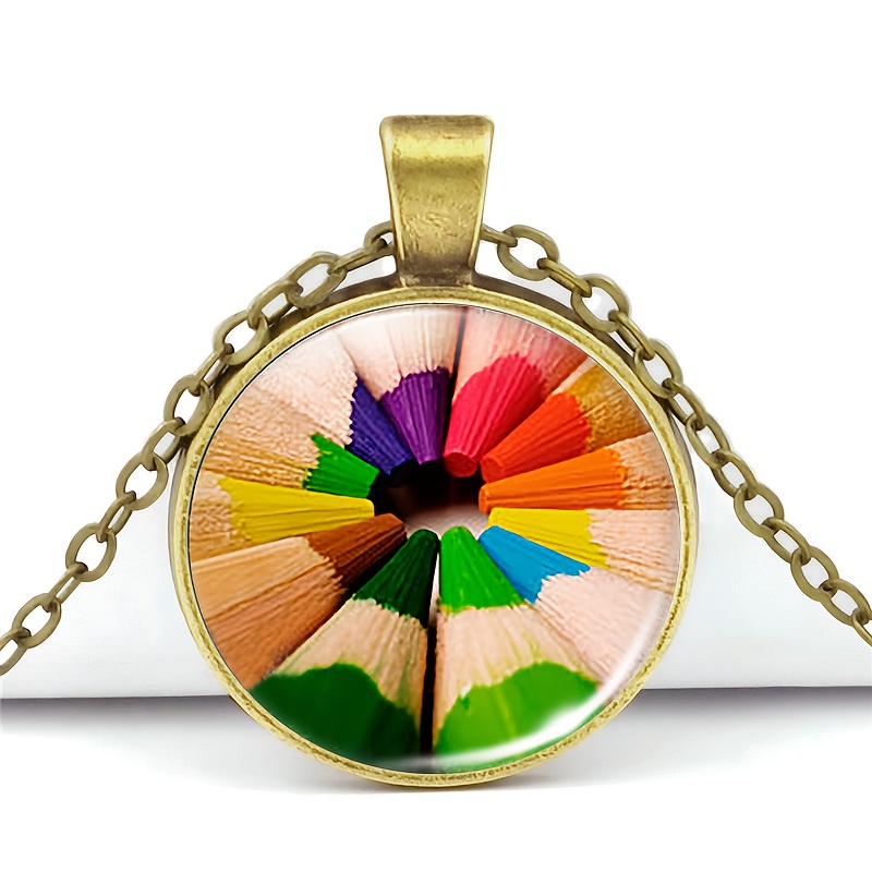 Classic Brown Metal Chain Necklace with Colorful Patterns