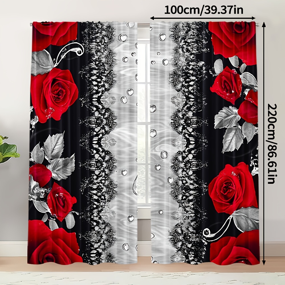 TEMU Set Of 2, Stylish Curtains For Valentine's Day Featuring Red Roses And Water Fabric. Perfect For The Bedroom, Living Room, Office, And Teen Room