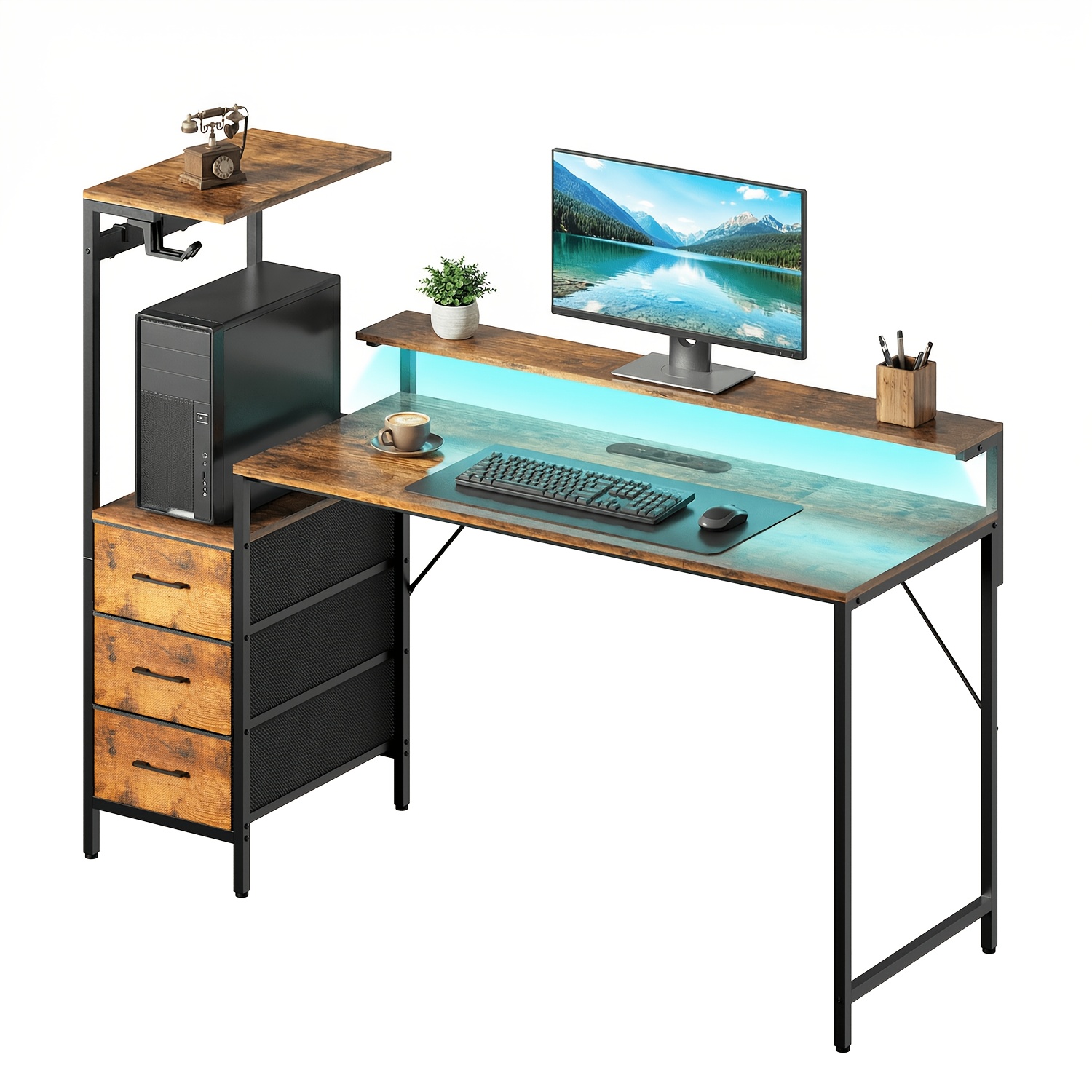Furnishia Gaming Computer Desk, Included Rgb Ambient Lighting, Power Outlets, Storage Cabinets & Monitor Mounts, Options (/gray/leopard Print), Ideal For Spaces