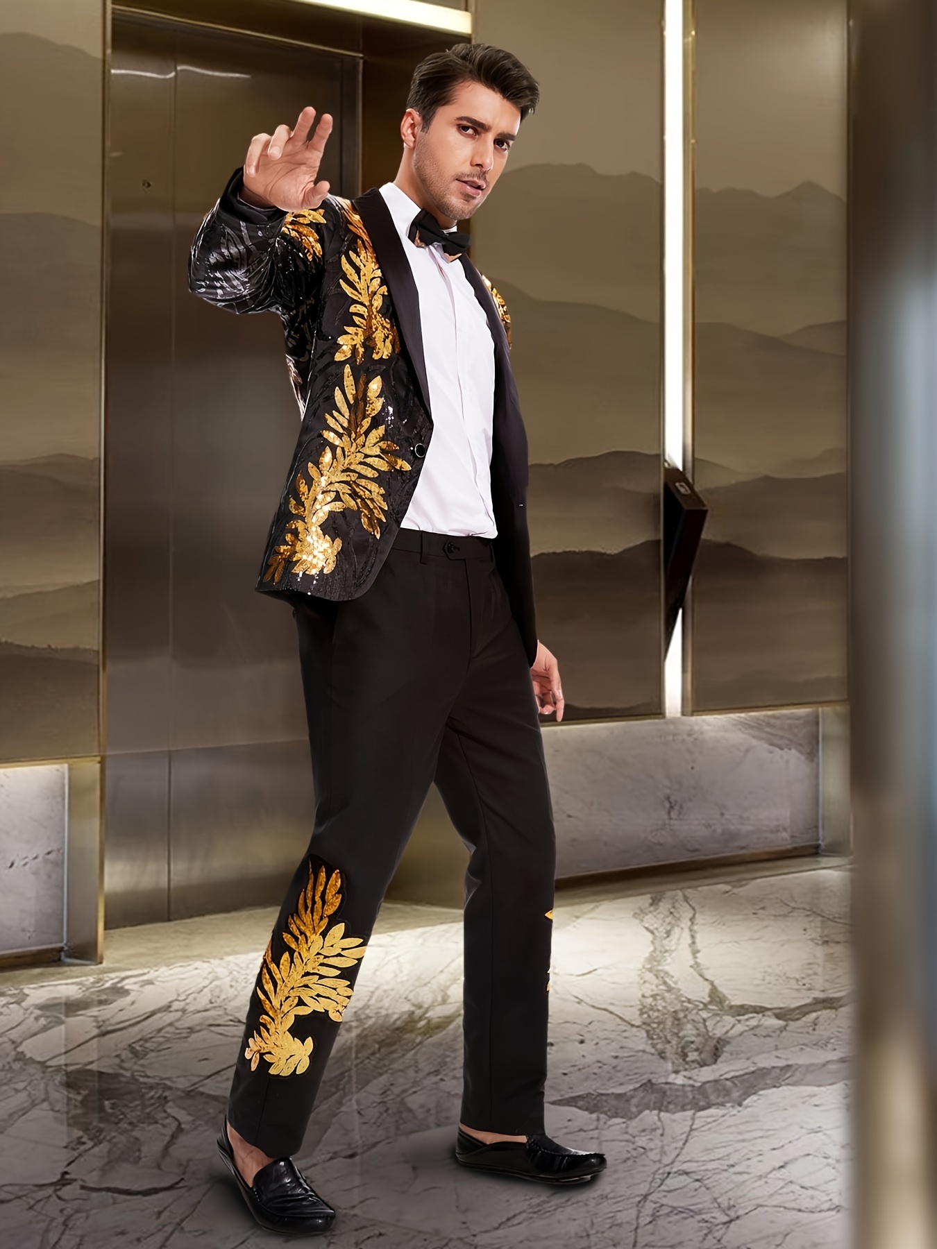 men suit 2pcs black golden sequins notched lapel single Temu