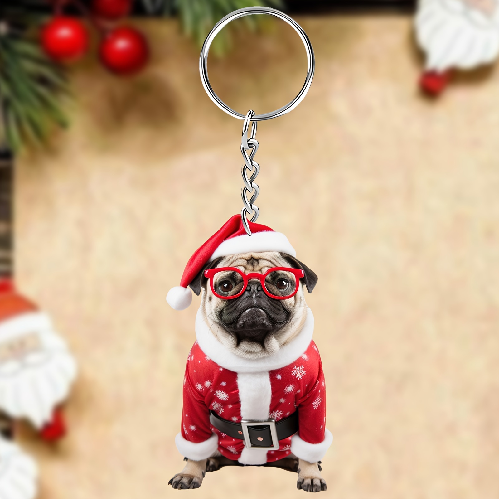 

1pc Funny Pug Dog With Glasses & Santa Costume - Acrylic Keychain, Gift For Family & Friends, Ideal For Christmas, Easter, Thanksgiving, Halloween, Christmas Dog Accessories