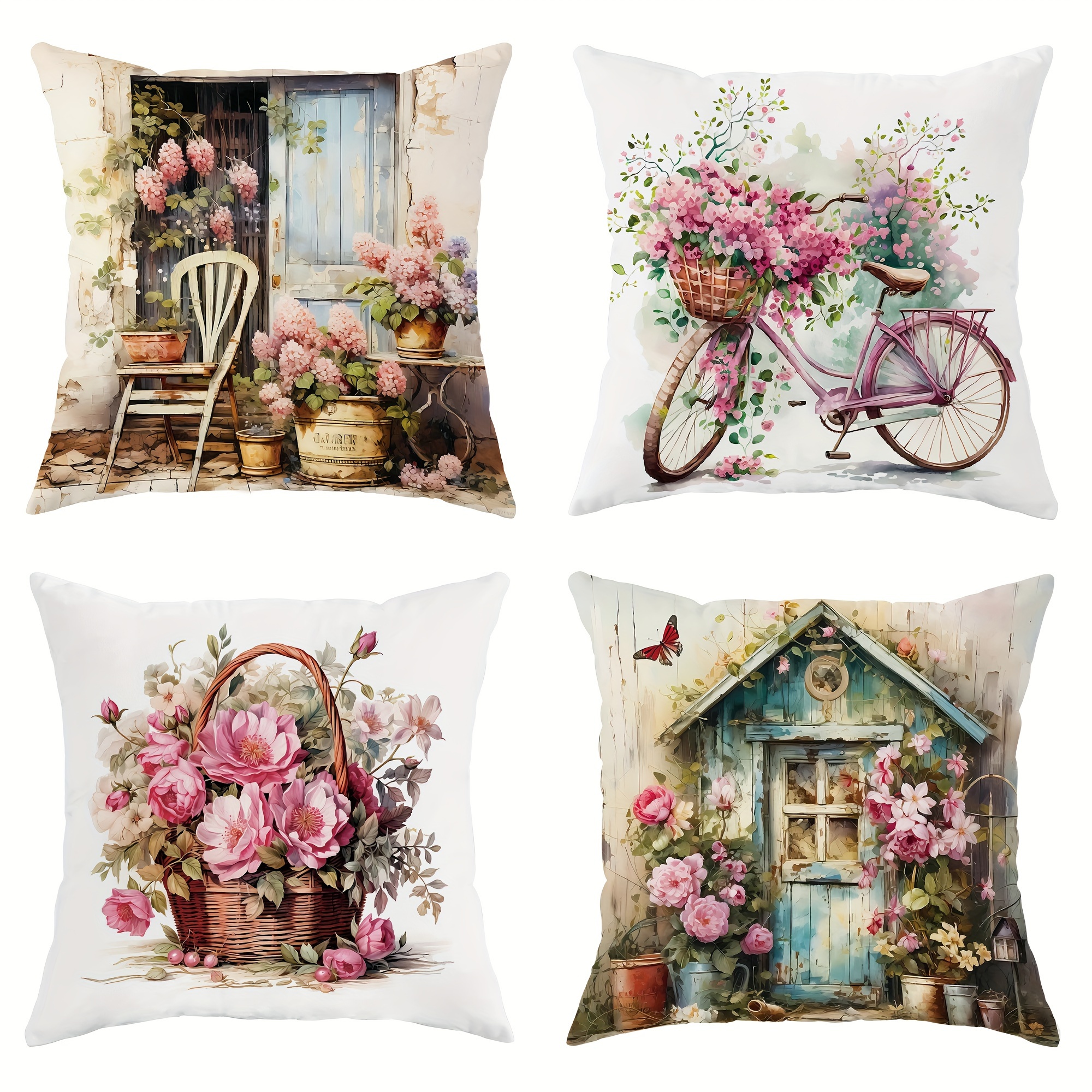 

4-piece Spring Farmhouse Velvet Throw Pillow Covers Set - Bicycle & Flower Basket Design, Green & Pink, Zip Closure - Perfect For Living Room, Bedroom, Sofa Decor