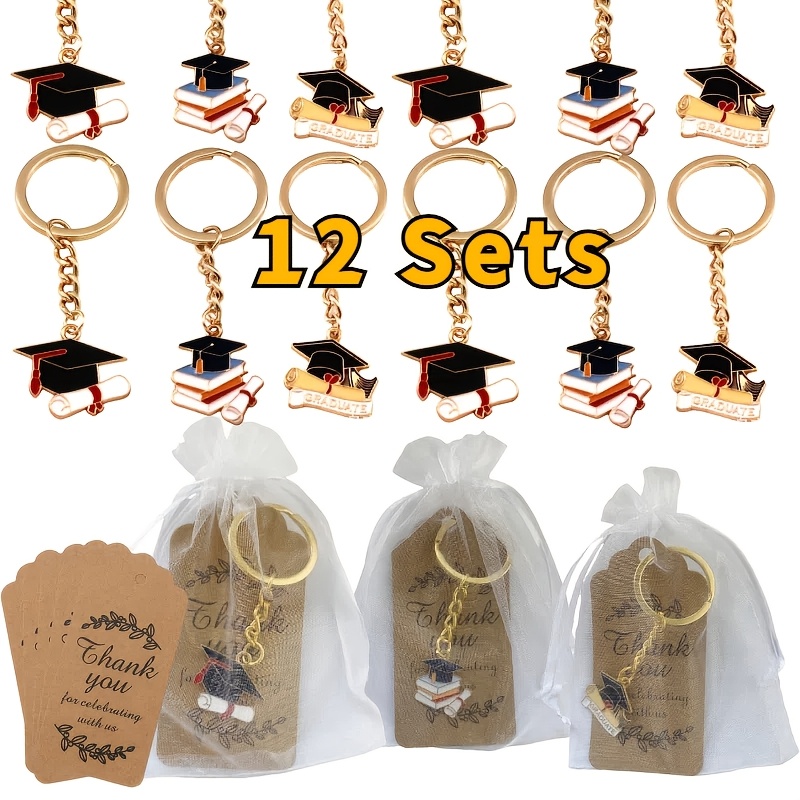 

12pcs Graduation Keychain Party Favors, Metal & Paper Construction, Universal Holiday Theme, With Thank You Tags & Organza Bags, For Graduation Season Gifts, No Electricity Needed