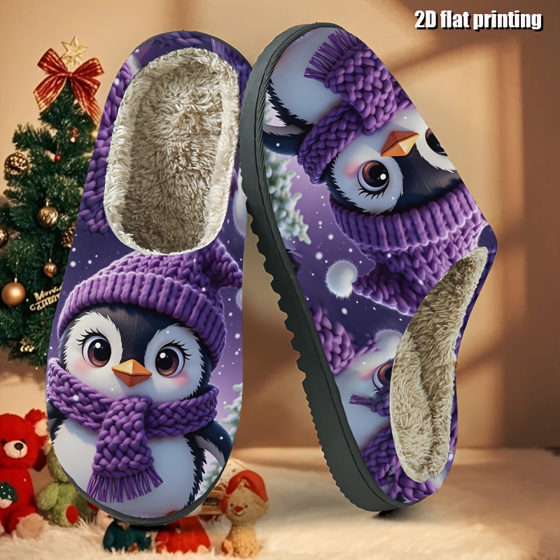 TEMU A Pair Of Fuzzy Slippers Featuring A 2d Flat Print Of An Adorable Penguin Dressed In A Purple Knitted Hat And Scarf. Has And A Tiny Orange Beak,