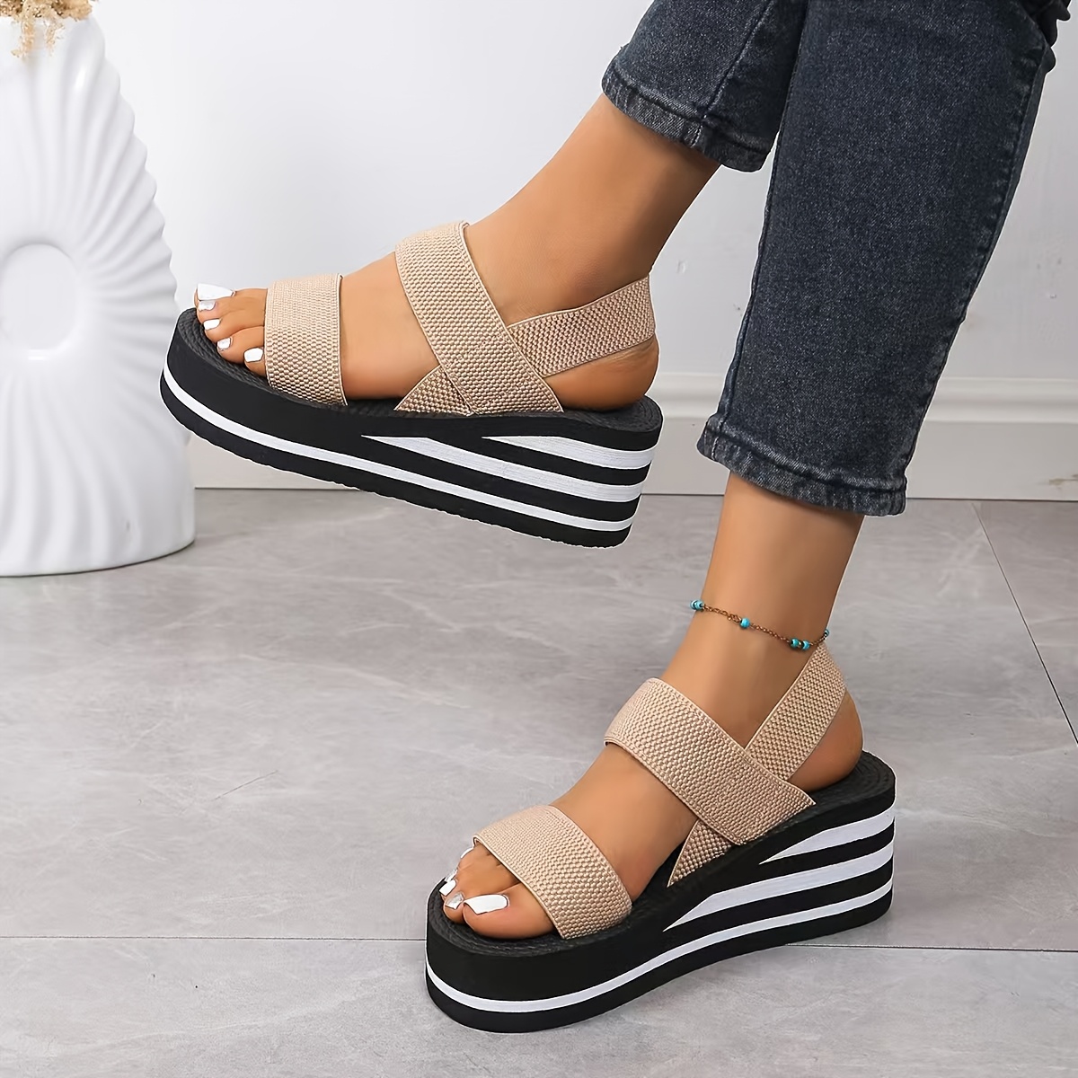 womens black heel wedge sandals double strap design Temu Kuwait