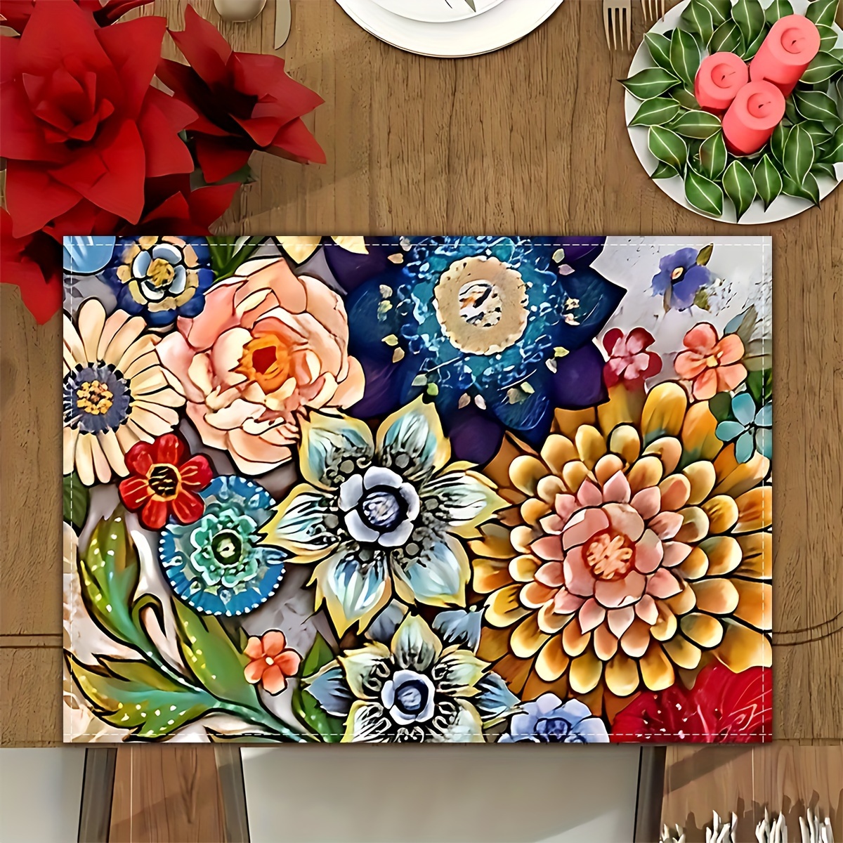 

4/6 Placemats, Colorful Bohemian Floral Tableware Mats, Suitable For Kitchen Counter, Home Decor Placemats Reusable And Washable, 12.6 X 16.5 Inches.