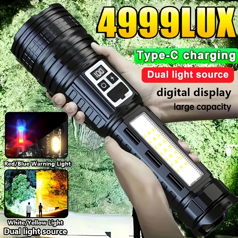 TEMU 1pc Outdoor Long-range Flashlight, Extra-large Adjustable Telescopic Zoom Flashlight, Ip44, Led Searchlight - Usb Rechargeable, Drop-resistant