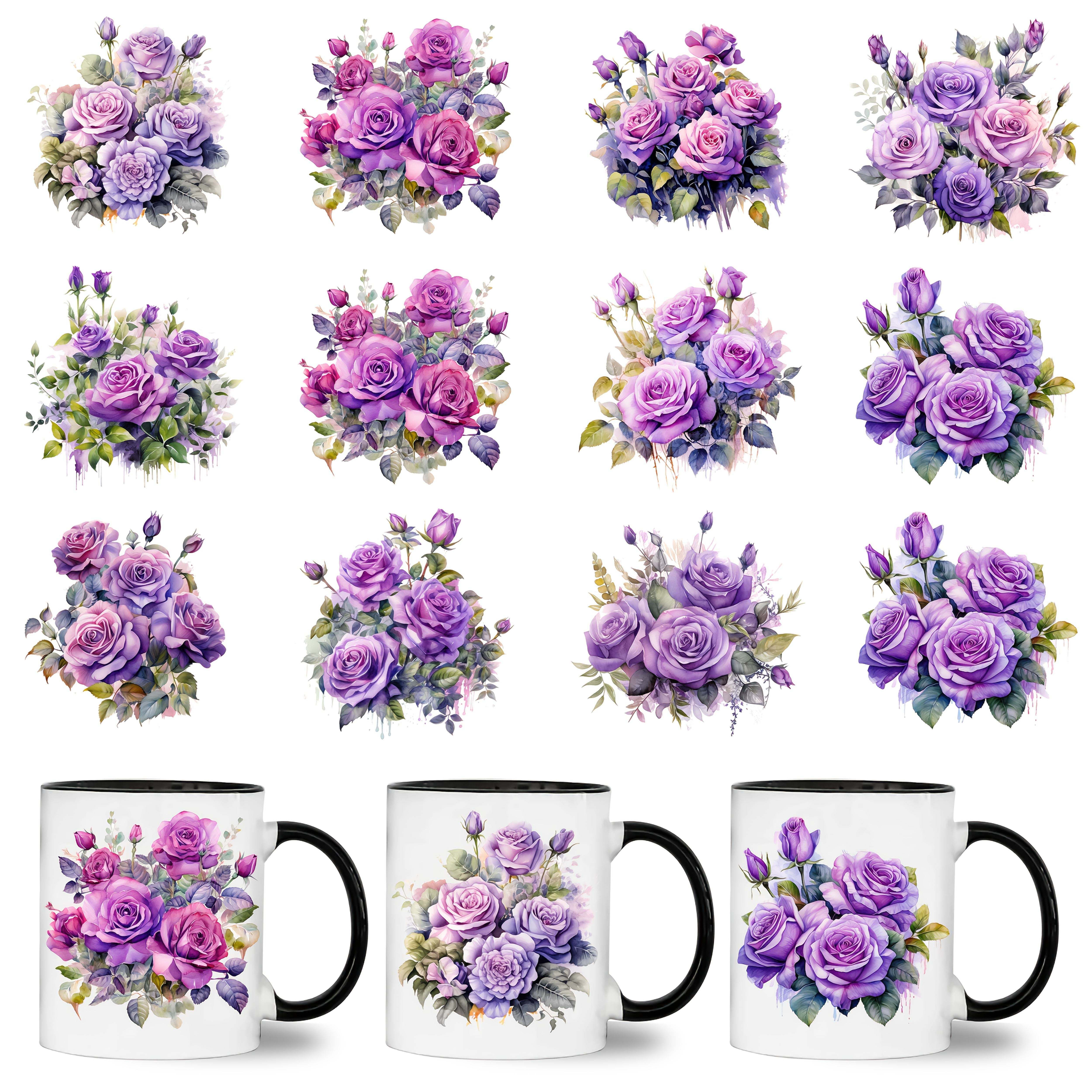 TEMU 12pcs ELEWINS Roses Violettes UV DTF Enveloppes pour Mugs - Feuilles de Transfert en Vinyle Résistantes au Lave-Vaisselle pour Tasses à Café &