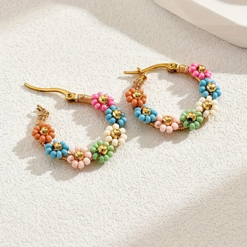 TEMU 1 Pair Stainless Steel Bohemian Style Earrings, Beaded Flower Decor Hoop, Fashion Trendy Versatile, Anniversary Gift