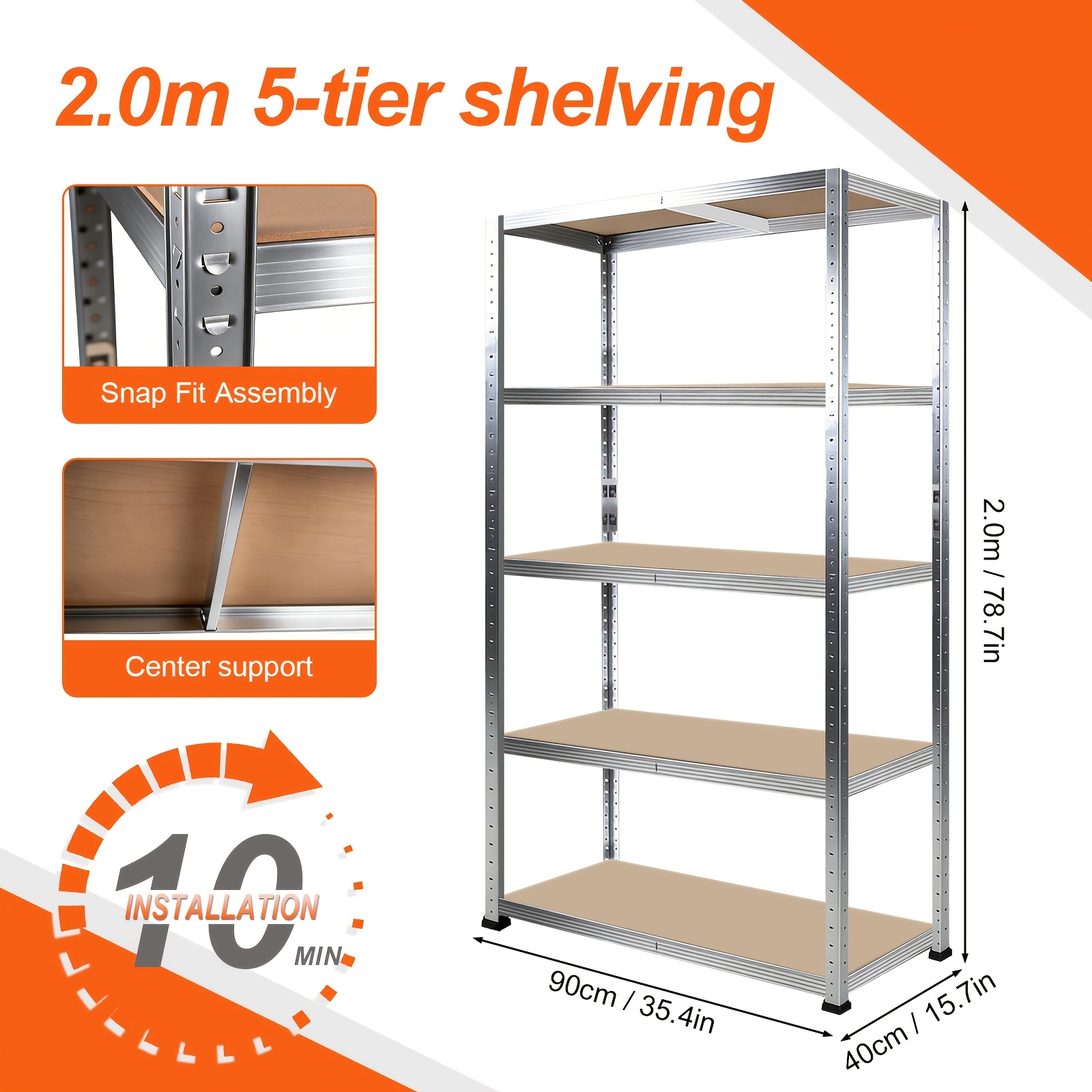 Image of Garage Shelf, Heavy Duty 5-tier Boltless Device, Adjustable Metal Shelf Rack, Home Workshop Garage Office, 1000kg Capacity, Standing Shelf 5x Mdf Shelves Standing Shelf Units