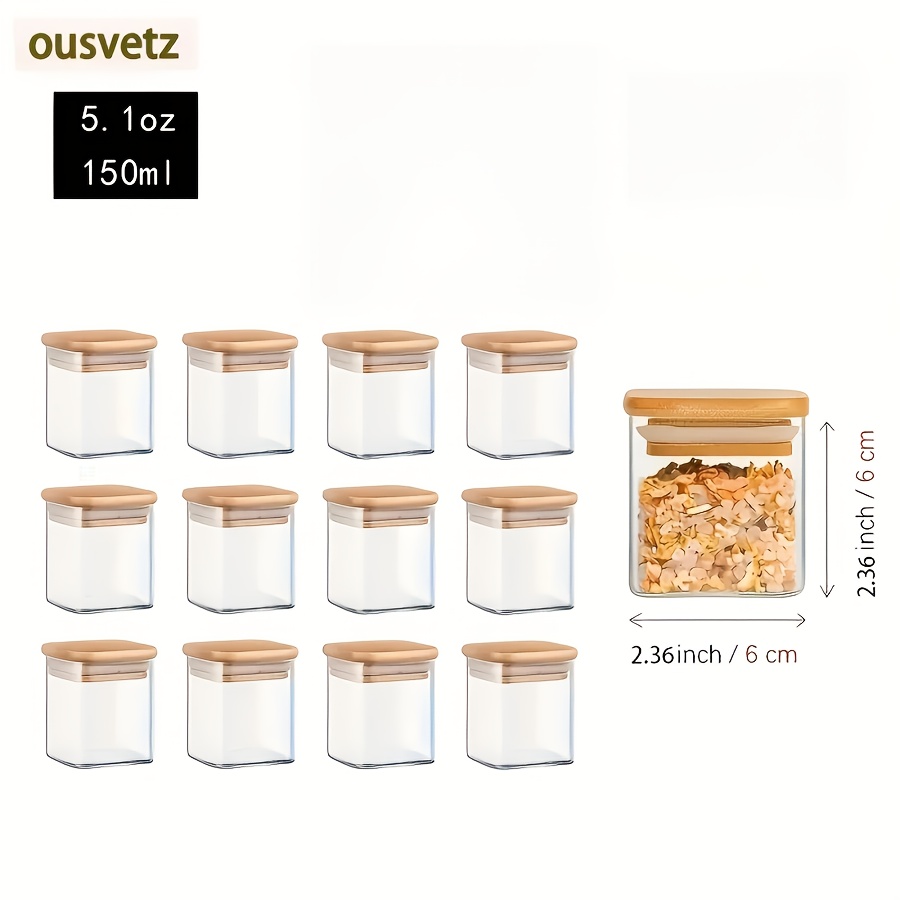E-shop Set mit 12 Gewürzgläsern aus Glas, mit versiegelten, quadratischen Behältern, ideal zum Aufbewahren und für Gewürze, Salz und Zucker