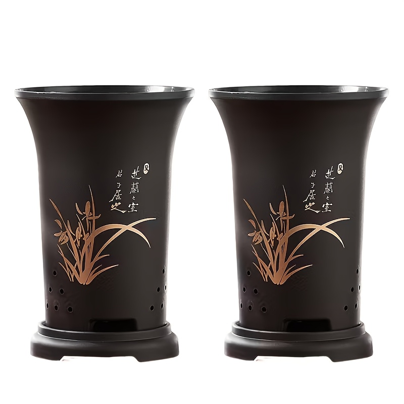 Image of 2- Black Plastic Orchid Pots With Side Drainage Holes/thickened And Heightened - Vases, Gardening Enthusiasts' . Suitable For Indoor And Outdoor Planting, No Electricity Needed, Durable Plastic